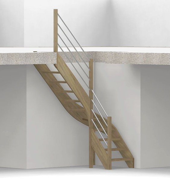 Nebentreppe mit 1/4 Wendelung ab Stufe 4 und Pfostengeländer ab Antritt - 3 Alu Gurte mit Alu Handlauf - Edelstahl wählbar - Treppenbreite 75 cm - Eiche 40 mm - Angebot Nr. 5278002